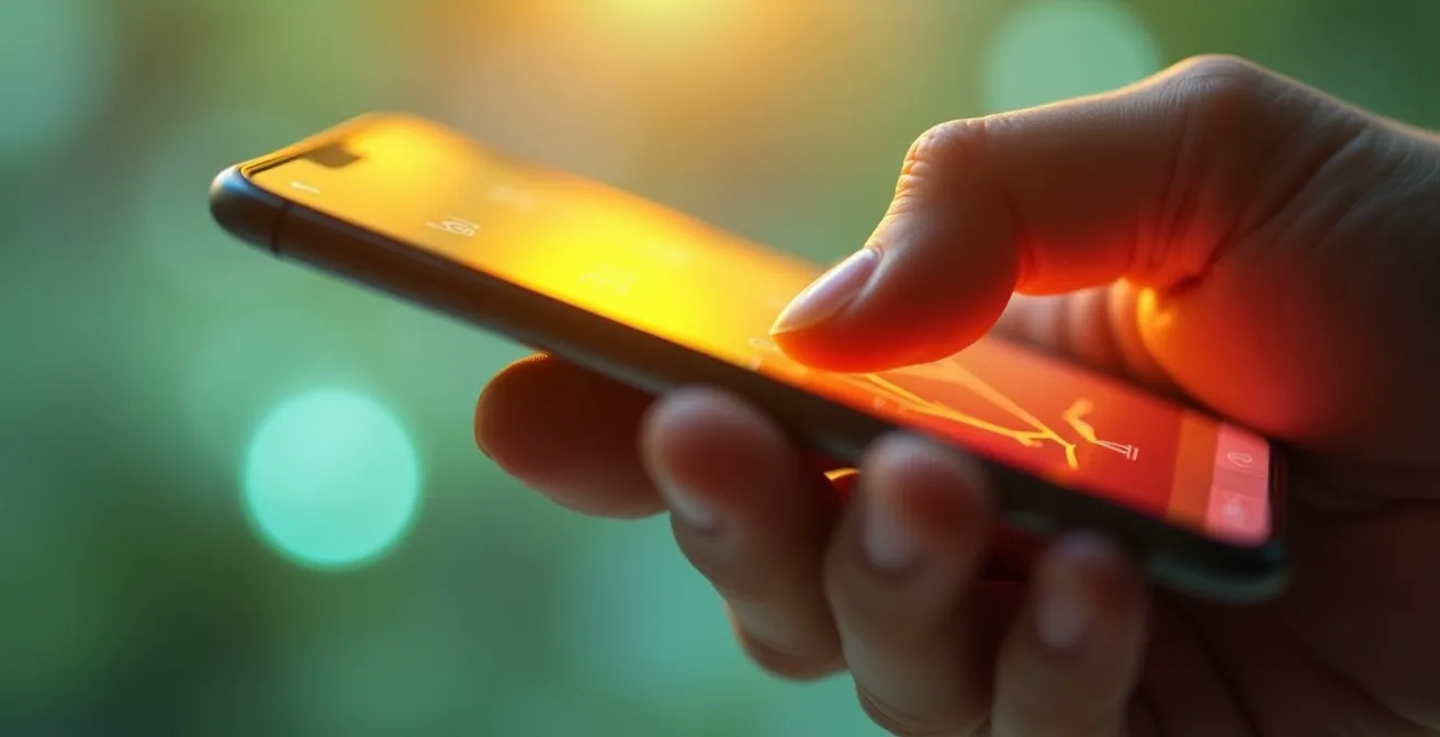 Main tenant un smartphone montrant les zones d'accessibilité du pouce avec des formes géométriques abstraites