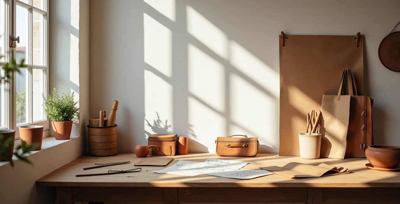 Vue d'ensemble minimaliste d'un espace de travail français avec des éléments artisanaux visibles suggérant l'imperfection maîtrisée