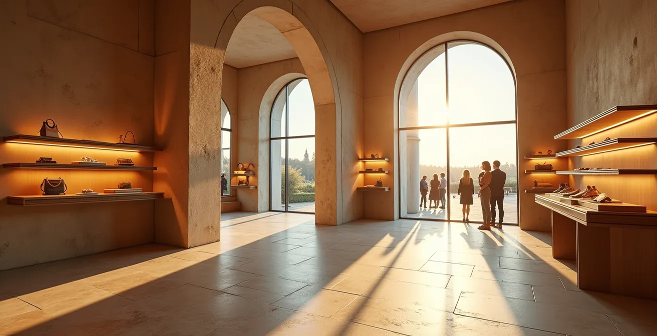 Intérieur d'une boutique de luxe française avec jeu de lumières tamisées et matériaux nobles