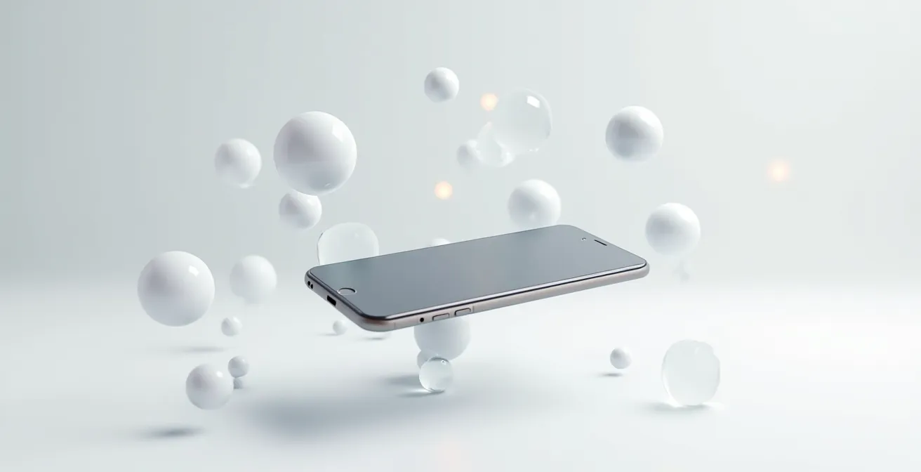 Smartphone moderne entouré d'éléments abstraits symbolisant ses capacités technologiques