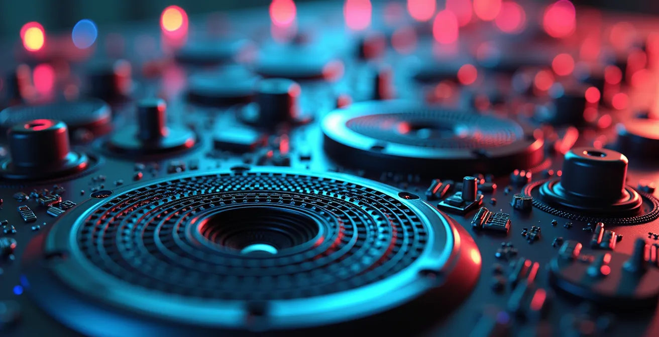 Détail macro de composants technologiques avec textures métalliques et reflets lumineux évoquant l'innovation