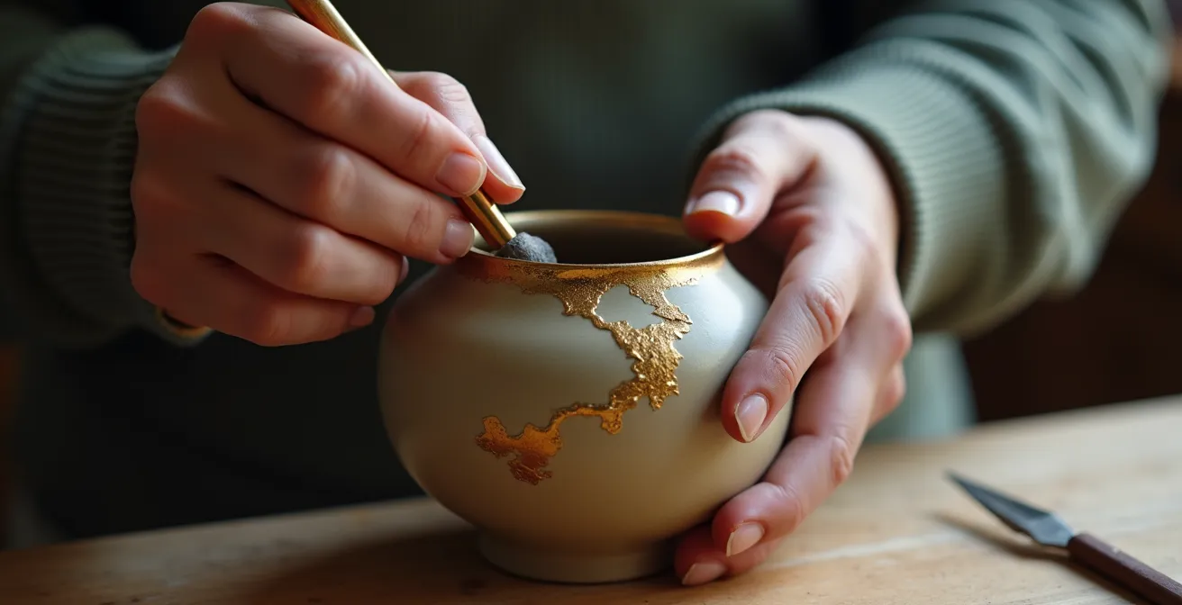 Composition artistique montrant la beauté de l'imperfection contrôlée avec la technique du kintsugi