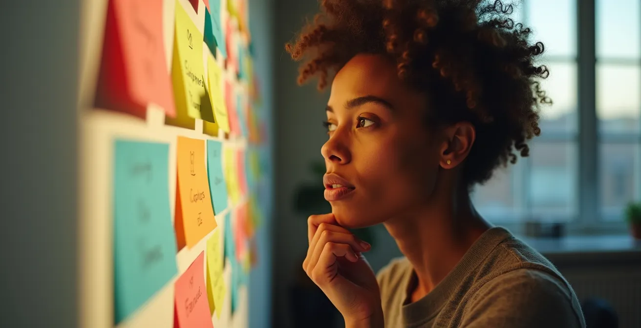 Portrait d'une personne en pleine réflexion créative devant un mur d'idées abstraites