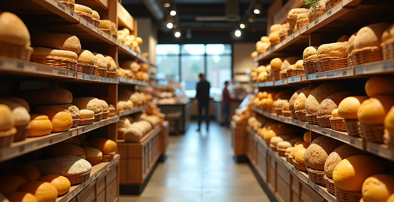 Vue d'angle d'un rayon de supermarché avec mise en scène de produits du terroir français pour stimuler l'achat impulsif.
