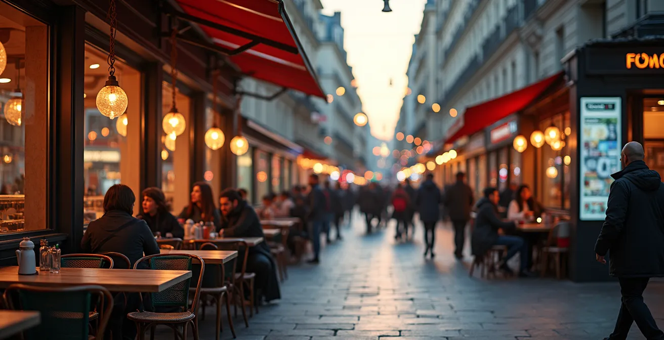 Environnement urbain avec visualisation subtile des ondes sonores s'intégrant harmonieusement dans l'espace