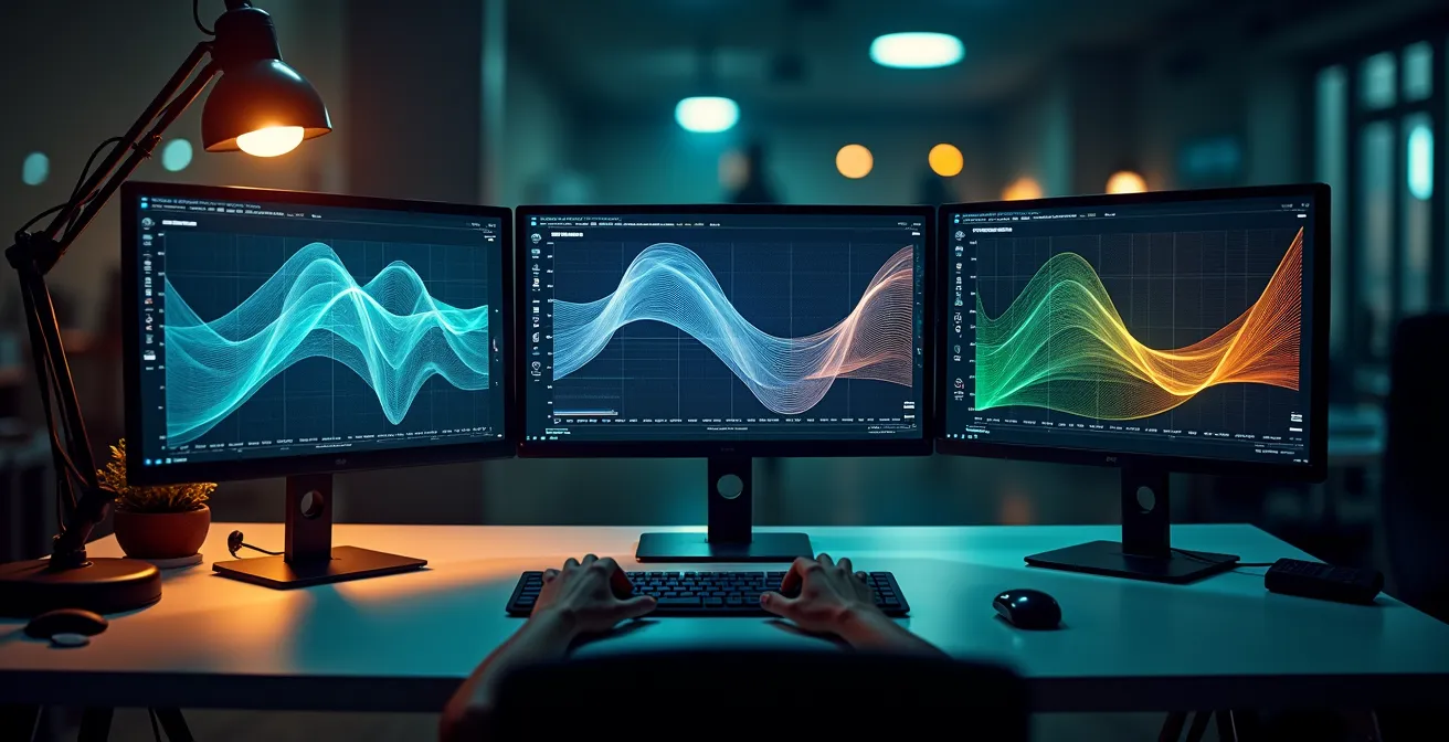 Espace de travail avec multiples écrans affichant des tableaux de bord analytiques abstraits