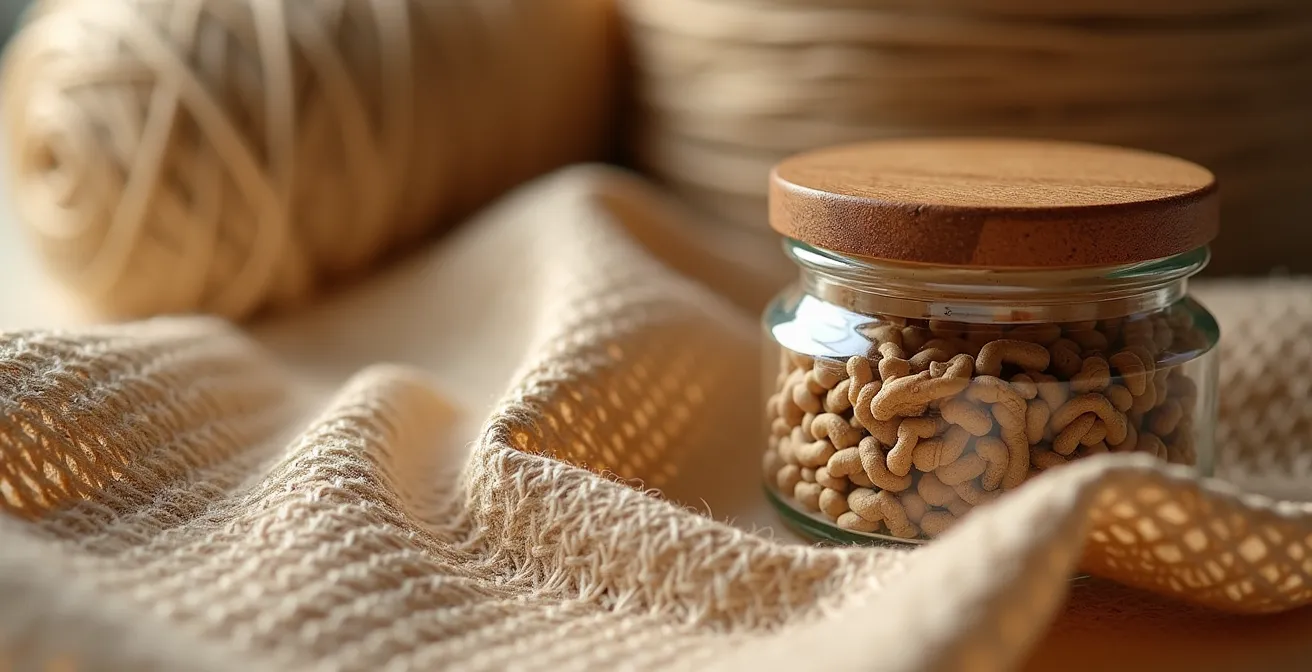 Gros plan sur un emballage artisanal luxueux avec des textures naturelles, illustrant l'achat trophée.