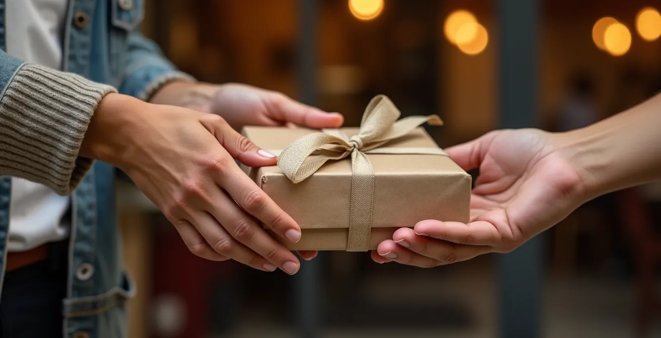 Mains tendues échangeant symboliquement un cadeau emballé dans une atmosphère chaleureuse