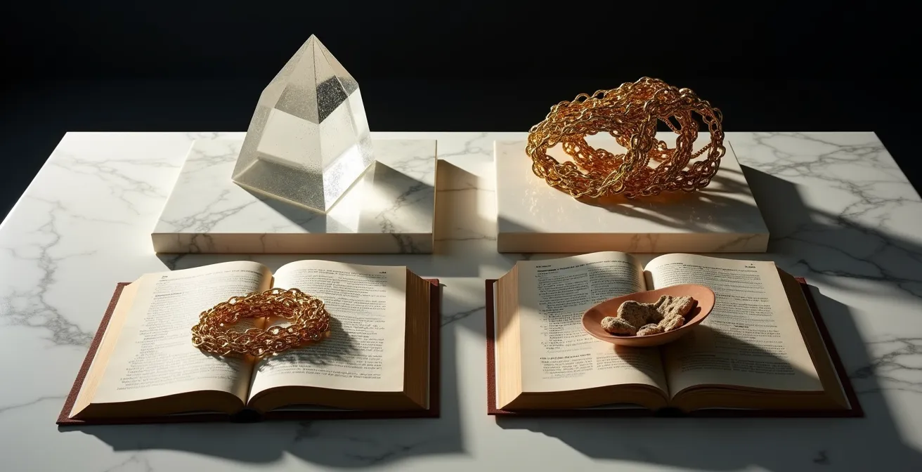 Composition symbolique des quatre axes de différenciation avec objets métaphoriques représentant l'innovation, l'écosystème, l'expérience et le langage.