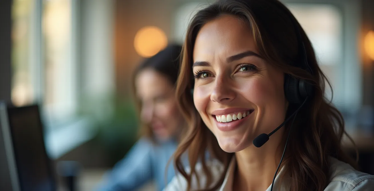 Portrait rapproché d'un conseiller client souriant en conversation téléphonique dans un environnement professionnel