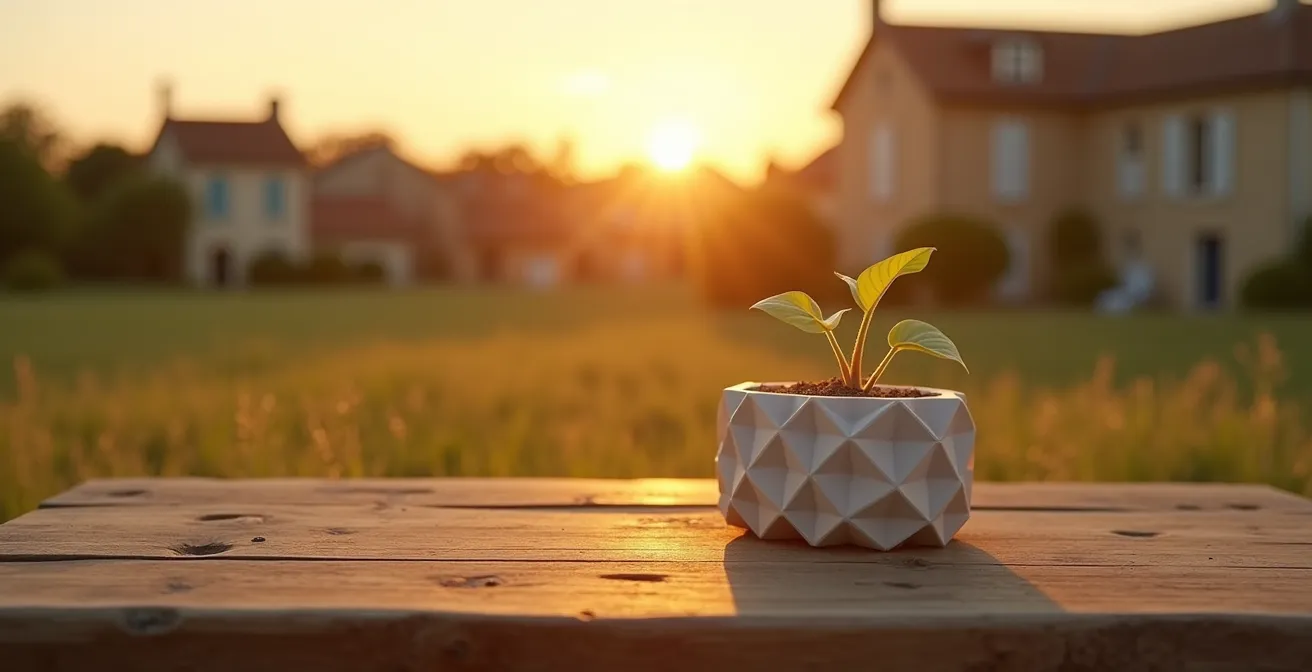 Composition narrative montrant la transformation d'un objet technique en histoire émotionnelle avec un paysage français en arrière-plan