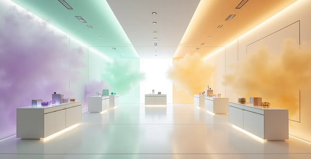 Vue aérienne d'un magasin moderne montrant les différentes zones parfumées par des nuages de couleurs subtiles