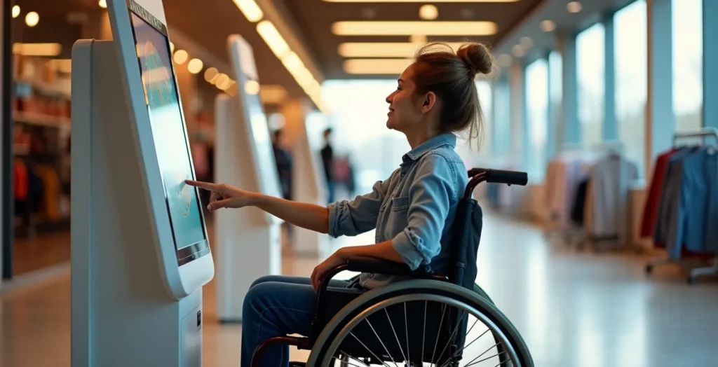Vue d'ensemble d'une borne interactive accessible avec une personne en fauteuil roulant l'utilisant confortablement Vue d'ensemble d'une borne interactive accessible avec une personne en fauteuil roulant l'utilisant confortablement